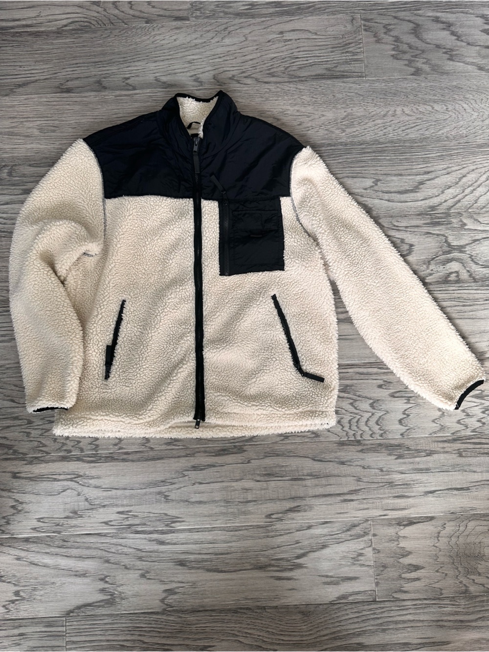 Men’s Cream Teddy Jacket with Black Contrast Panels